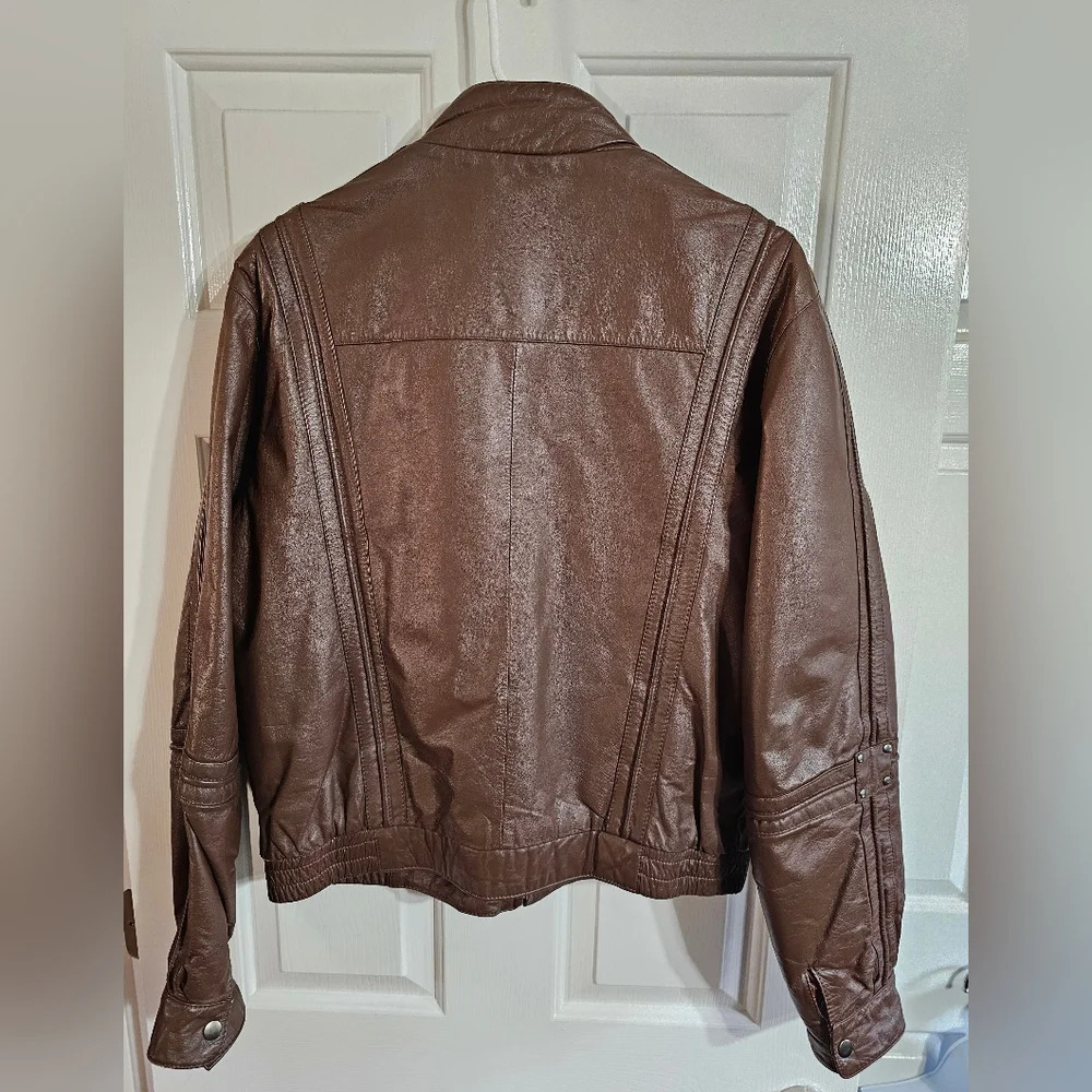 American Male Mens Size M Brown Leather Jacket Vintage 80s Moto Aviator Archival - Picture 4 of 9